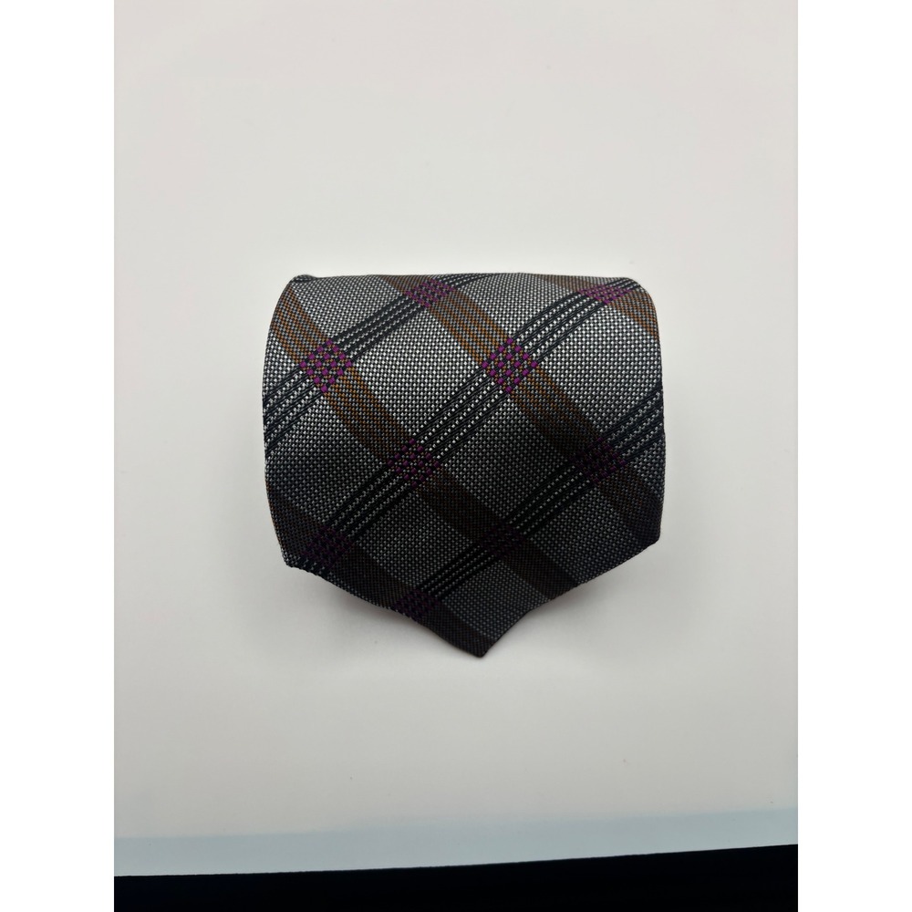 Joseph A Bank Signature Collection Silk Tie Grey Brown Purple Plaid Hand Sewn